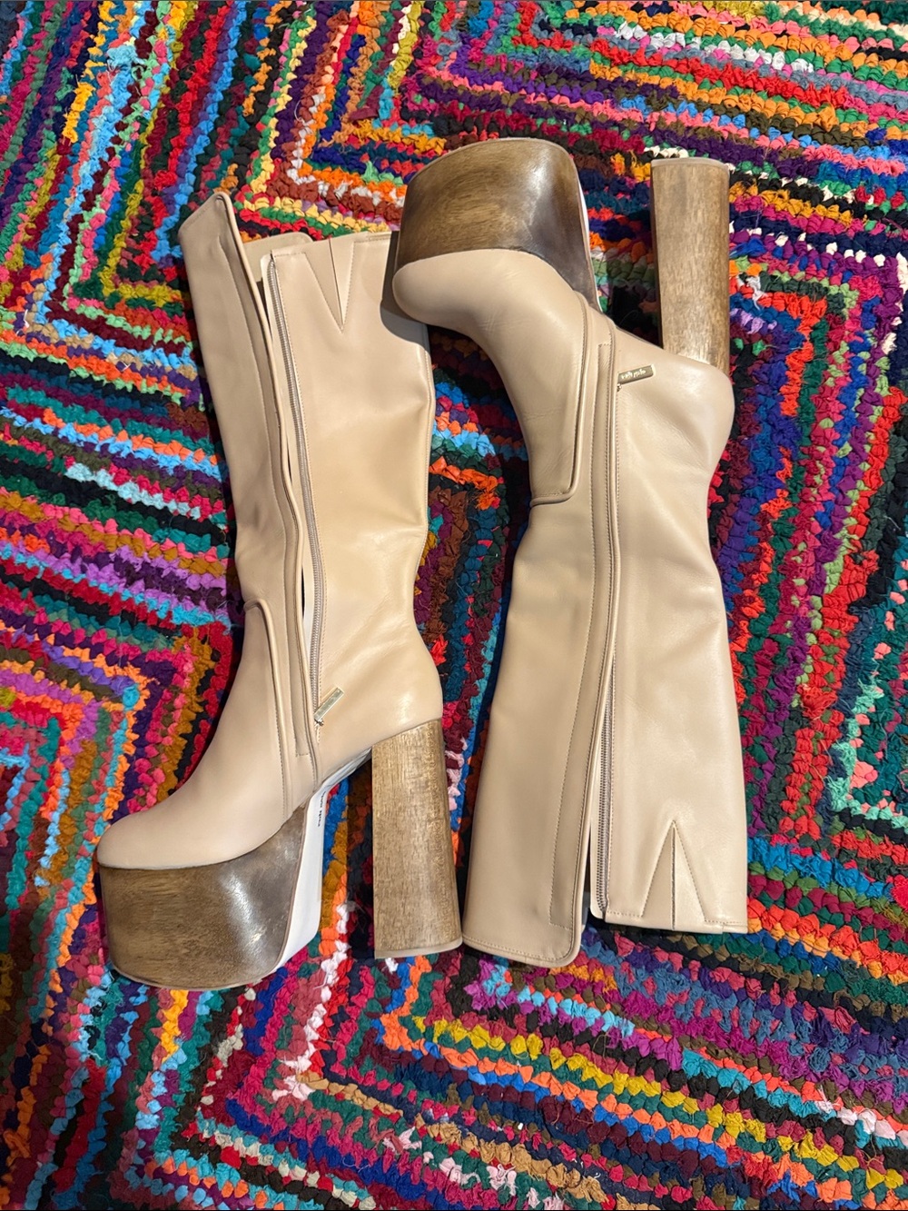 cult gaia Beige Over-the-Knee Platform Boots with Wooden Block Heel